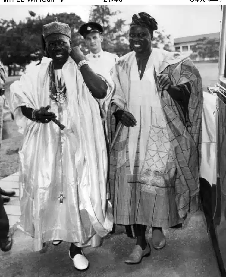 Ooni Adesoji Aderemi, First African Governor of the Western Region with Premier Chief S.L.A Akintola on inauguration day 1960.